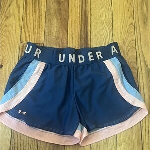 Under Armour Women's Dark Blue Shorts with Light Blue and Pink Trim